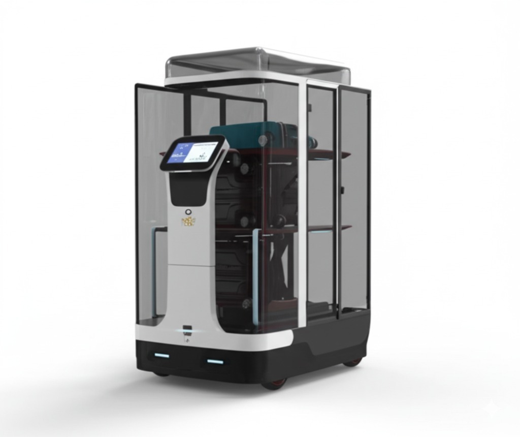 Concept render of the VirtusCo autonomous porter robot: a glass luggage cabinet on a mobile base with a touchscreen column